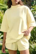 SET!! Yellow Cream Solid Color Exposed Seam Mock Neck Oversize Tee Casual Shorts 2pcs Outfit