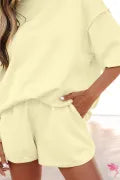 SET!! Yellow Cream Solid Color Exposed Seam Mock Neck Oversize Tee Casual Shorts 2pcs Outfit